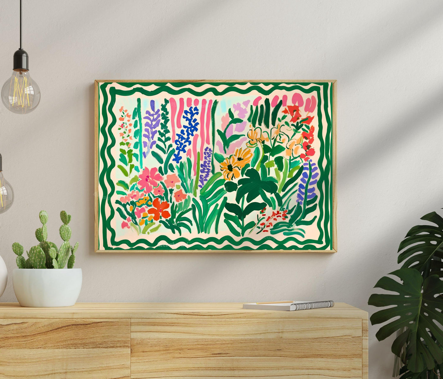 Green Maximalist Floral Wall Art: Colorful Horizontal Wall Decor Over Couch Art