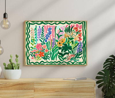 Green Maximalist Floral Wall Art: Colorful Horizontal Wall Decor Over Couch Art