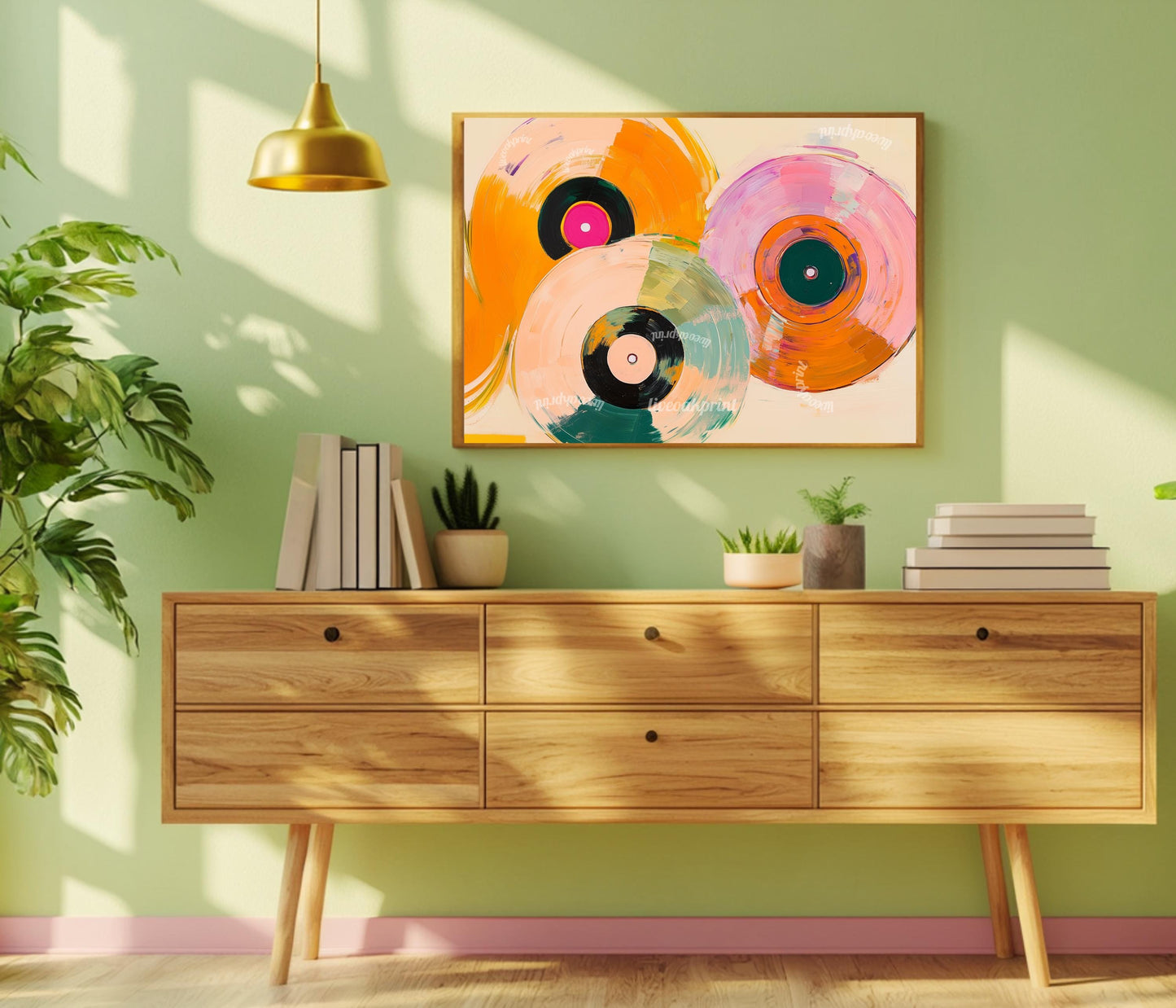 Horizontal Retro Vinyl Painting: Over Couch Wall Art For Music Room Record Decor