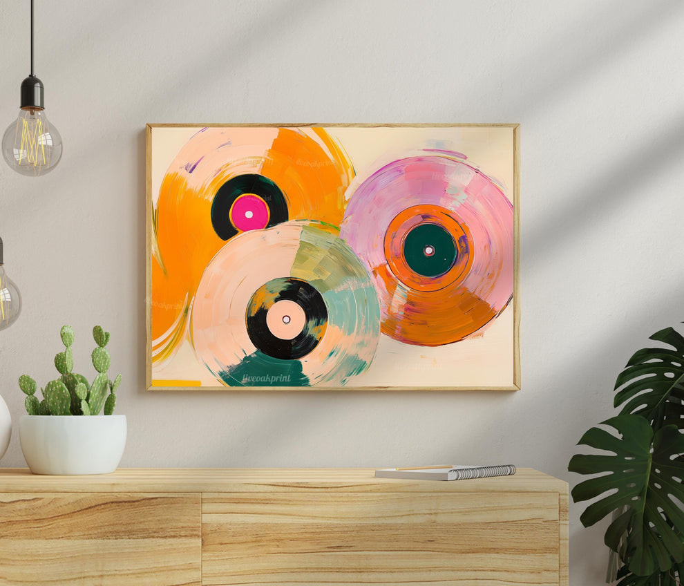 Horizontal Retro Vinyl Painting: Over Couch Wall Art For Music Room Record Decor