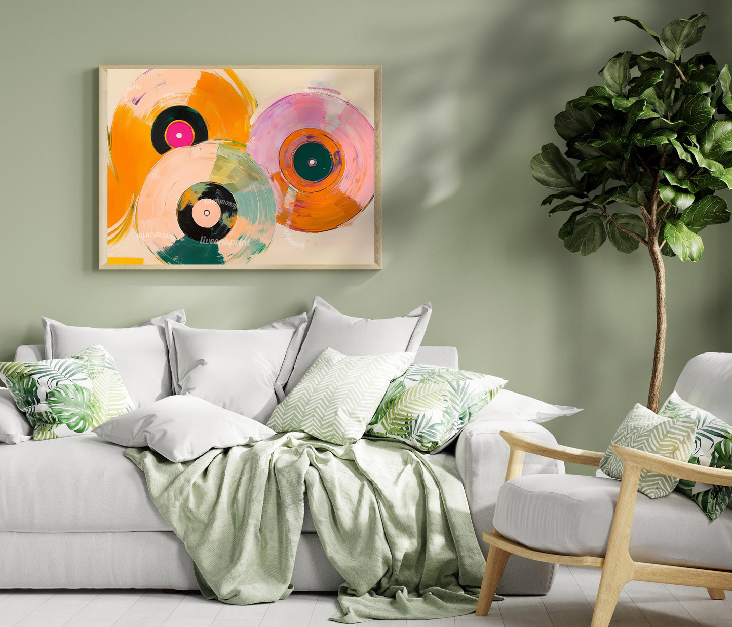 Horizontal Retro Vinyl Painting: Over Couch Wall Art For Music Room Record Decor