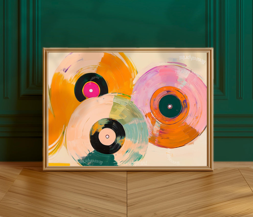Horizontal Retro Vinyl Painting: Over Couch Wall Art For Music Room Record Decor