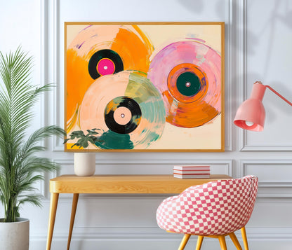 Horizontal Retro Vinyl Painting: Over Couch Wall Art For Music Room Record Decor