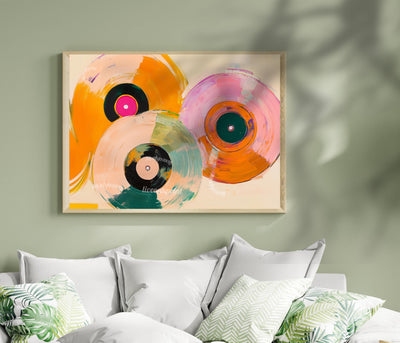 Horizontal Retro Vinyl Painting: Over Couch Wall Art For Music Room Record Decor