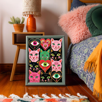 Colorful Cat Art Print : Pink and Green Sacred Hearts and Magical Cats Wall Decor
