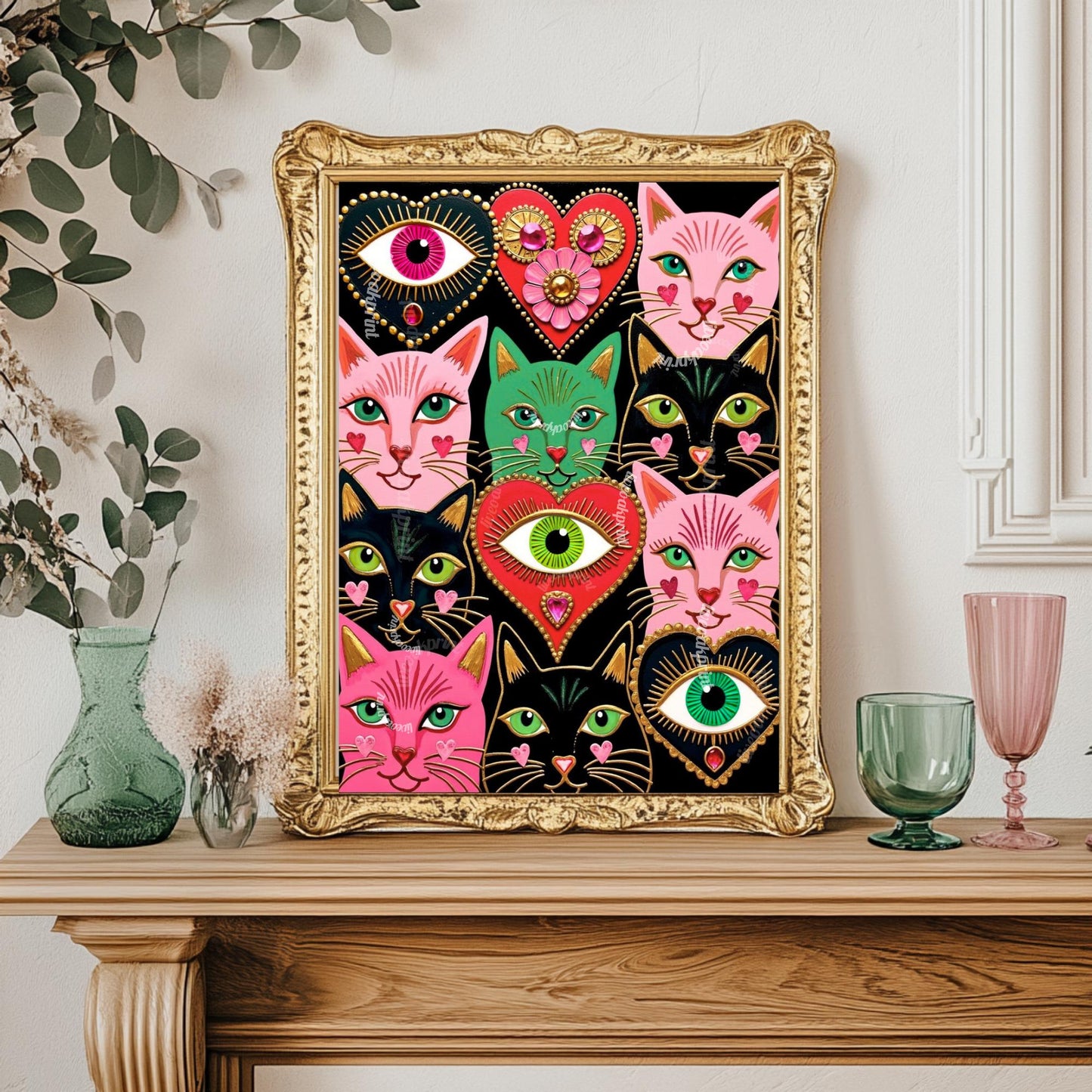 Colorful Cat Art Print : Pink and Green Sacred Hearts and Magical Cats Wall Decor