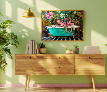 Octopus In A Bathtub Horizontal Print - Landscape Bathroom Artwork Blue Ocean Art Funny Washroom Decor