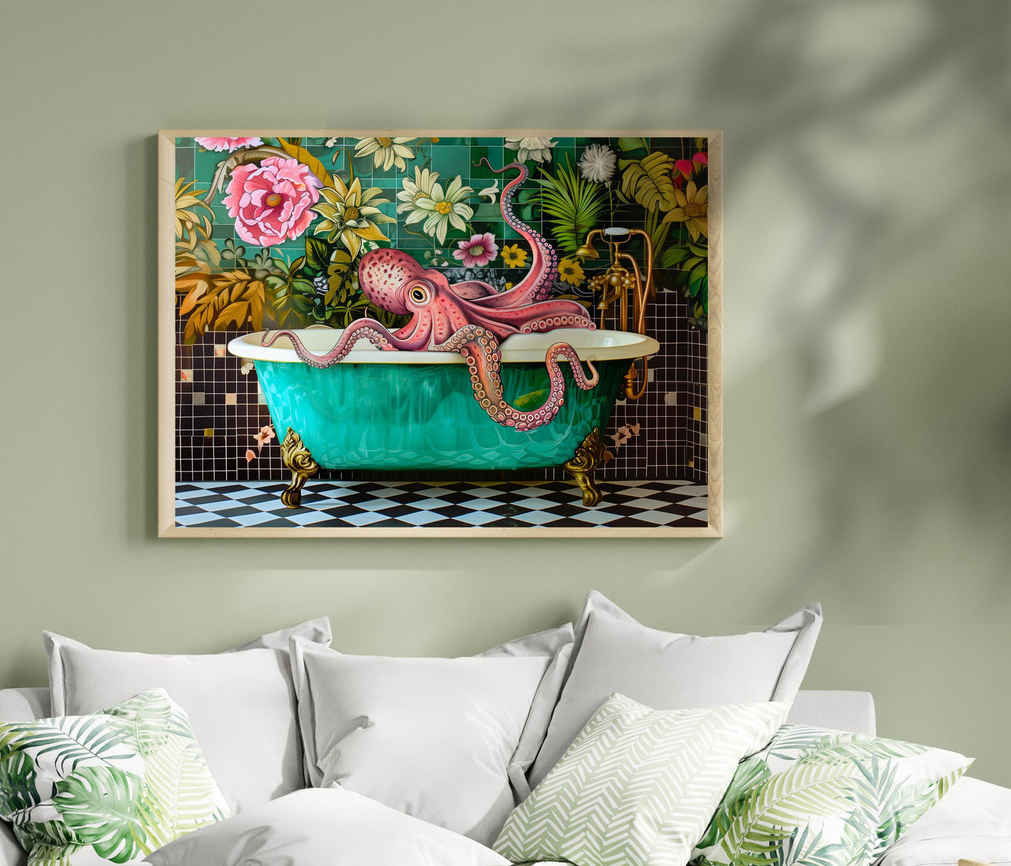 Octopus In A Bathtub Horizontal Print - Landscape Bathroom Artwork Blue Ocean Art Funny Washroom Decor