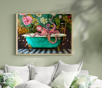 Octopus In A Bathtub Horizontal Print - Landscape Bathroom Artwork Blue Ocean Art Funny Washroom Decor