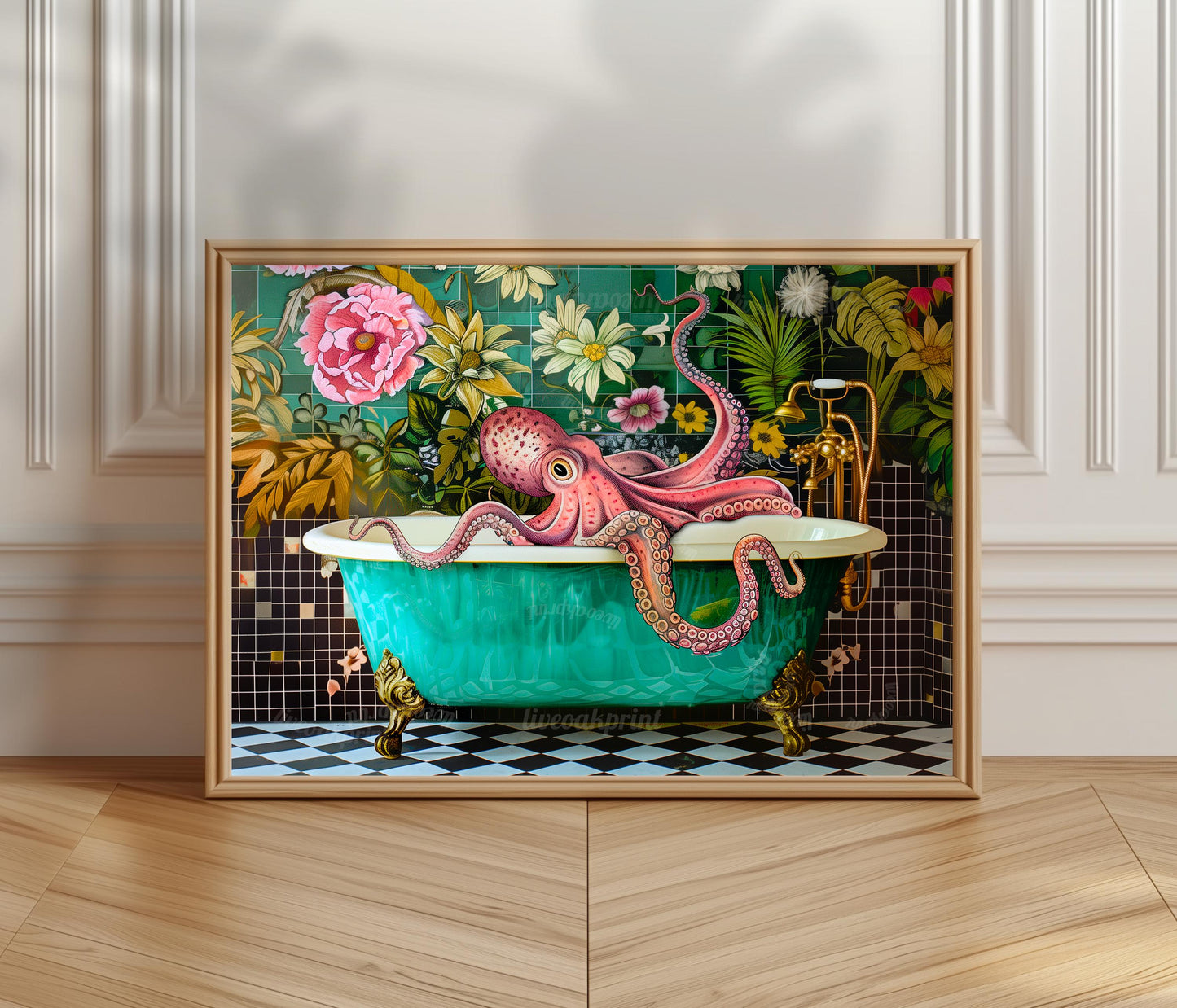 Octopus In A Bathtub Horizontal Print - Landscape Bathroom Artwork Blue Ocean Art Funny Washroom Decor