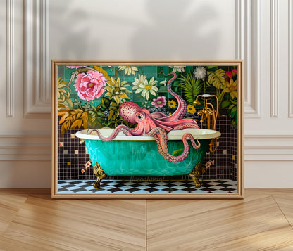 Octopus In A Bathtub Horizontal Print - Landscape Bathroom Artwork Blue Ocean Art Funny Washroom Decor