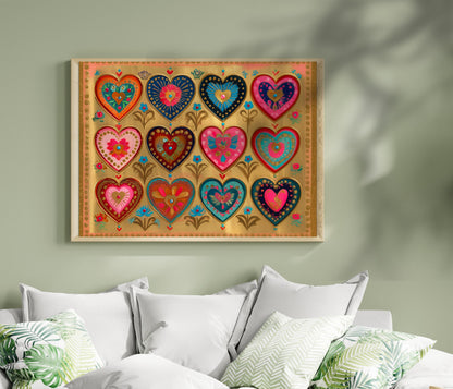Sacred Hearts Art Print – Gold Boho Funky Wall Decor Horizontal Artwork For Over The Couch