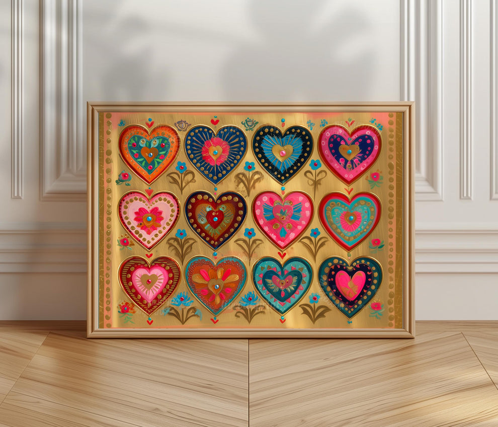 Sacred Hearts Art Print – Gold Boho Funky Wall Decor Horizontal Artwork For Over The Couch