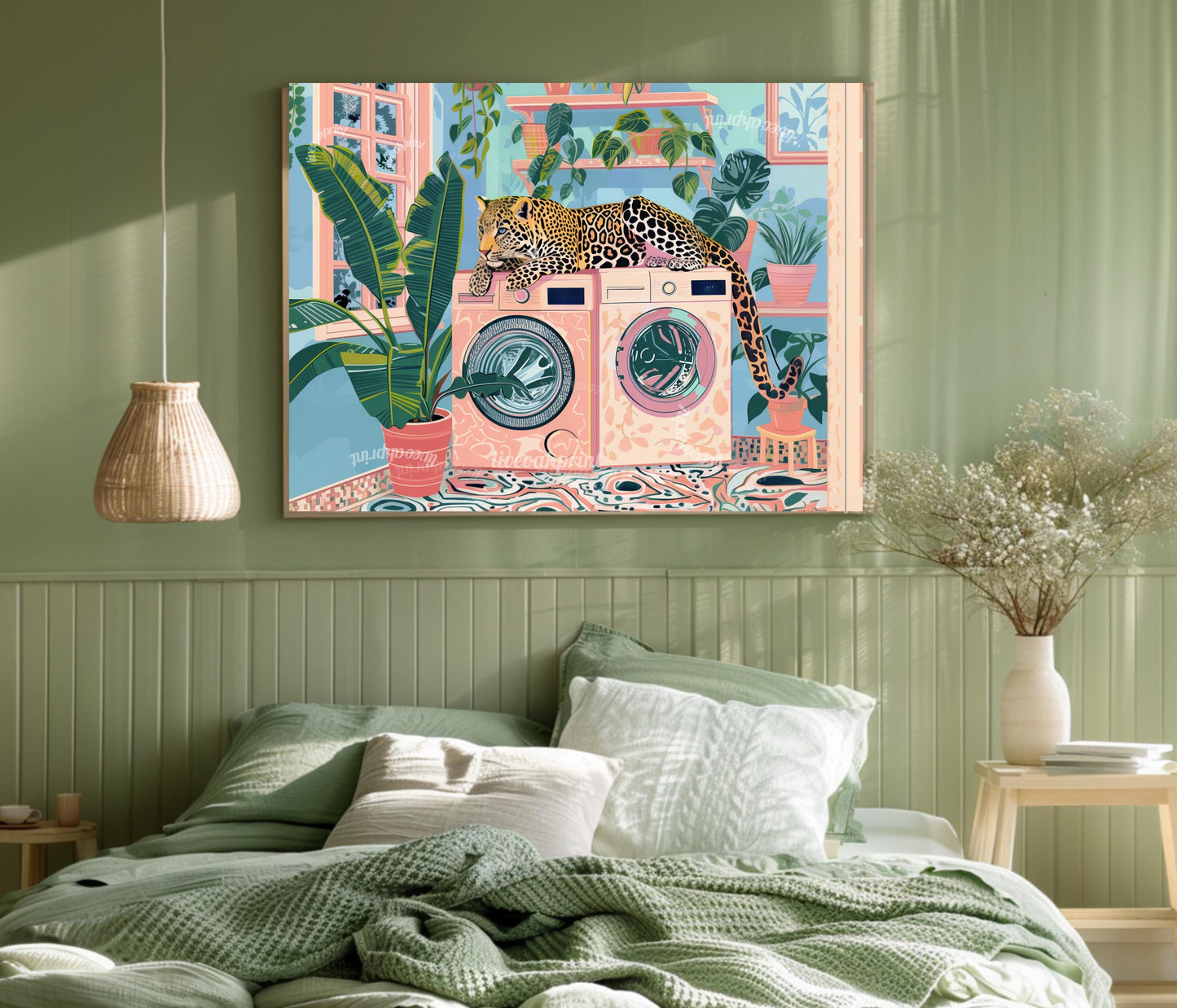 Leopard Art Print For Laundry Room - Horizontal Laundry Room Wall Art Blue and Pink Pastel Decor Cheetah