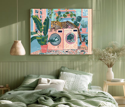 Leopard Art Print For Laundry Room - Horizontal Laundry Room Wall Art Blue and Pink Pastel Decor Cheetah