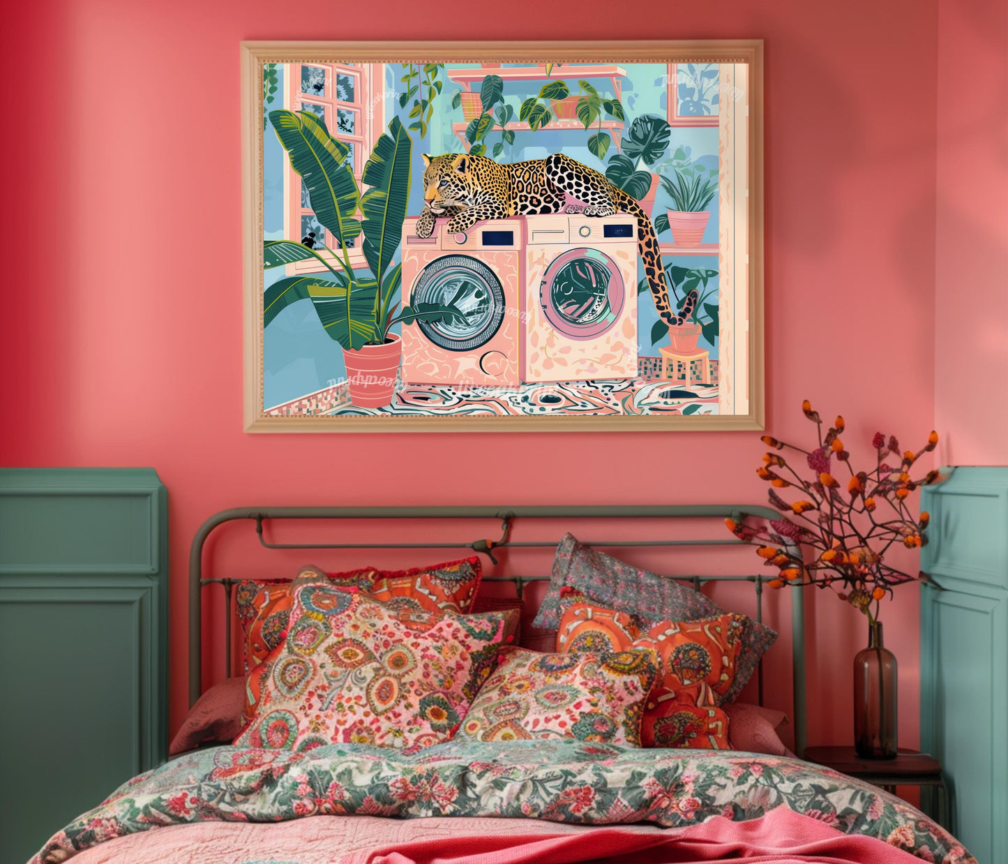 Leopard Art Print For Laundry Room - Horizontal Laundry Room Wall Art Blue and Pink Pastel Decor Cheetah