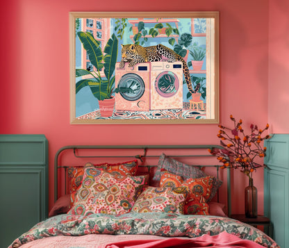 Leopard Art Print For Laundry Room - Horizontal Laundry Room Wall Art Blue and Pink Pastel Decor Cheetah