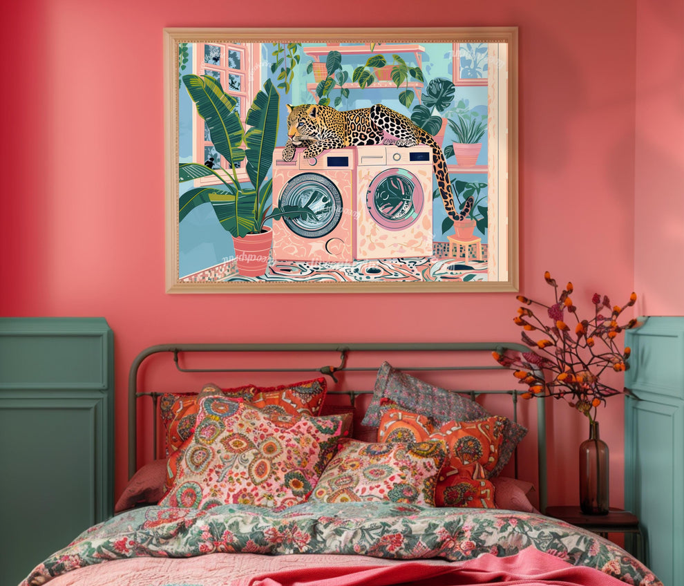 Leopard Art Print For Laundry Room - Horizontal Laundry Room Wall Art Blue and Pink Pastel Decor Cheetah