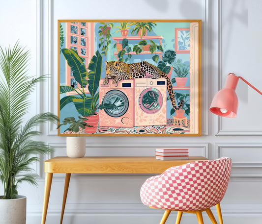 Leopard Art Print For Laundry Room - Horizontal Laundry Room Wall Art Blue and Pink Pastel Decor Cheetah