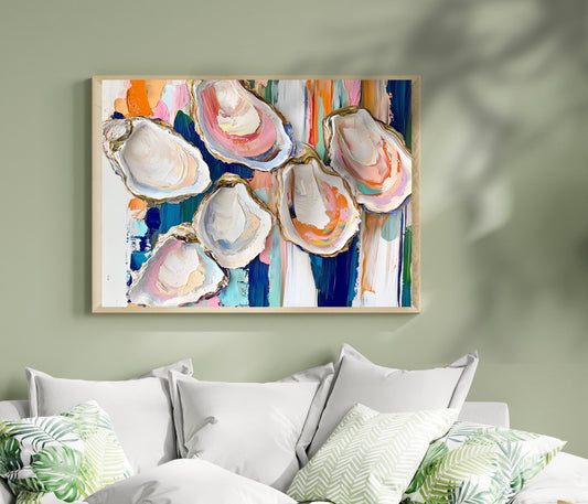 Horizontal Oyster Wall Art - Pastel Coastal Decor Oyster Bar Minimalist Kitchen Art Boho