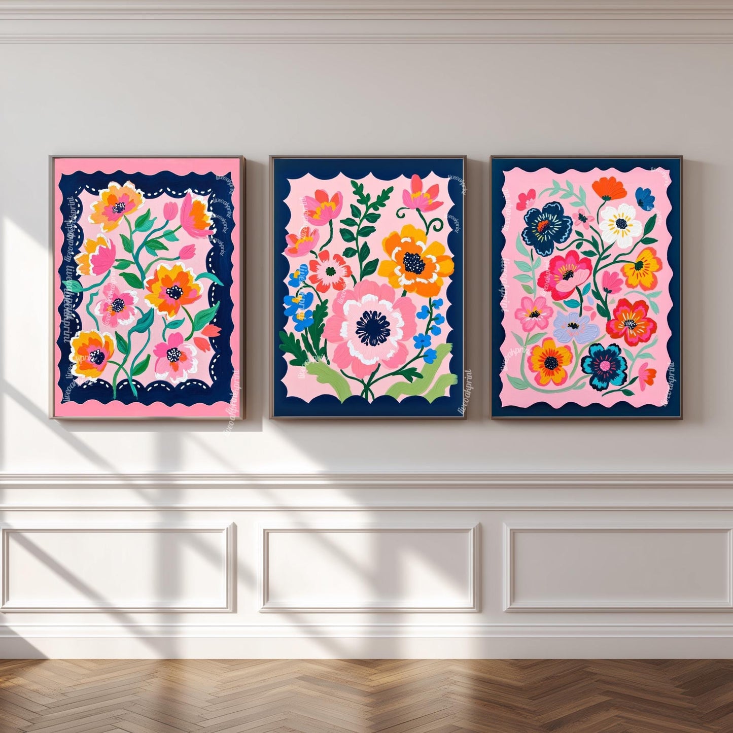 Pink and Navy Floral Wall Art Set of Three : Flower Triptych Print Set Boho Decor