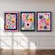 Pink and Navy Floral Wall Art Set of Three : Flower Triptych Print Set Boho Decor