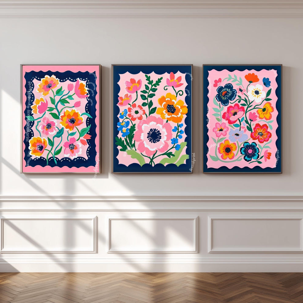 Pink and Navy Floral Wall Art Set of Three : Flower Triptych Print Set Boho Decor