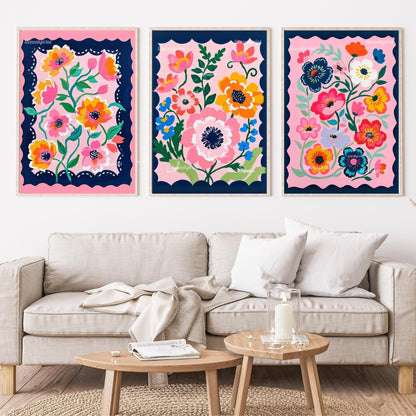 Pink and Navy Floral Wall Art Set of Three : Flower Triptych Print Set Boho Decor