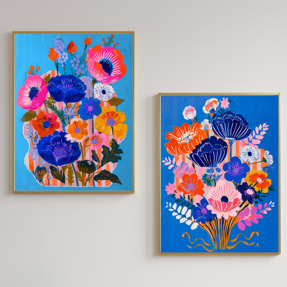 Bold Blue Floral Wall Art Set of 2 – Colorful Boho Flower Prints Bright Maximalist Art for Living Room