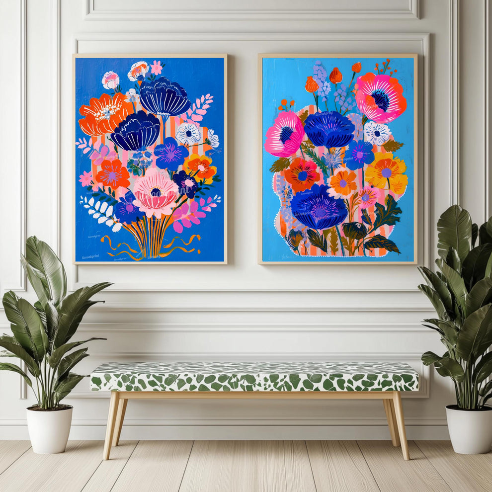 Bold Blue Floral Wall Art Set of 2 – Colorful Boho Flower Prints Bright Maximalist Art for Living Room