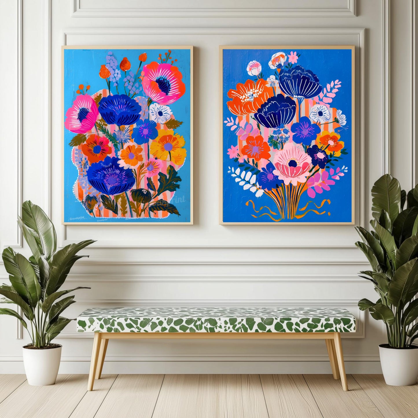 Bold Blue Floral Wall Art Set of 2 – Colorful Boho Flower Prints Bright Maximalist Art for Living Room