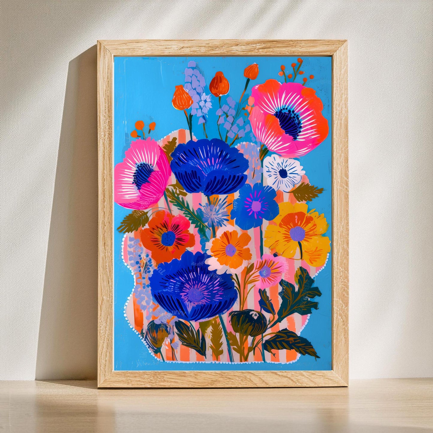 Bold Blue Floral Wall Art Set of 2 – Colorful Boho Flower Prints Bright Maximalist Art for Living Room