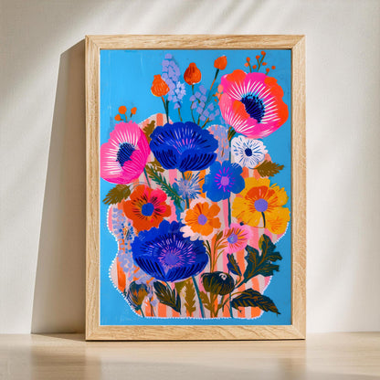 Bold Blue Floral Wall Art Set of 2 – Colorful Boho Flower Prints Bright Maximalist Art for Living Room