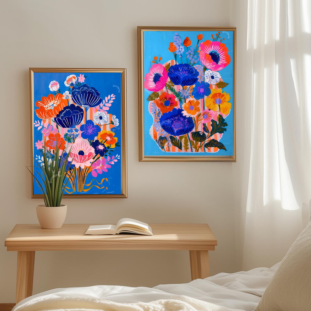 Bold Blue Floral Wall Art Set of 2 – Colorful Boho Flower Prints Bright Maximalist Art for Living Room