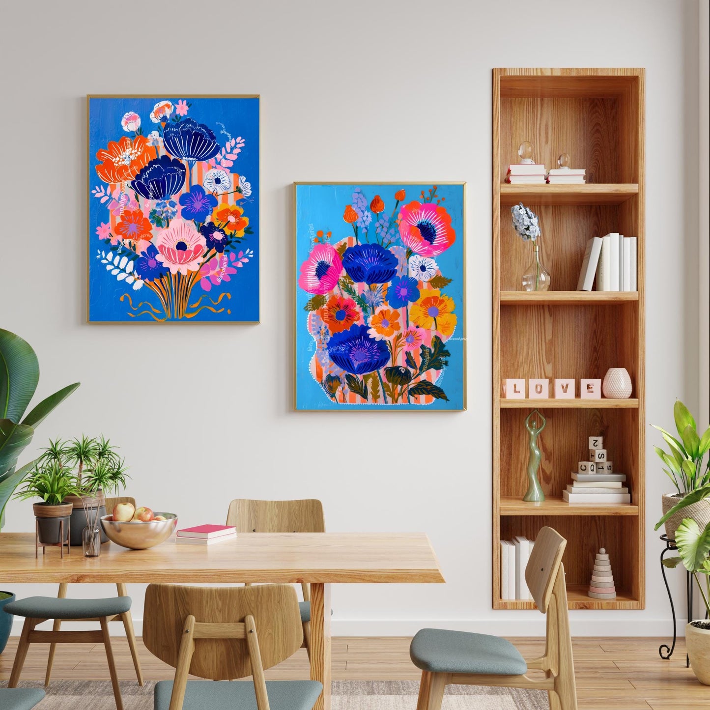 Bold Blue Floral Wall Art Set of 2 – Colorful Boho Flower Prints Bright Maximalist Art for Living Room