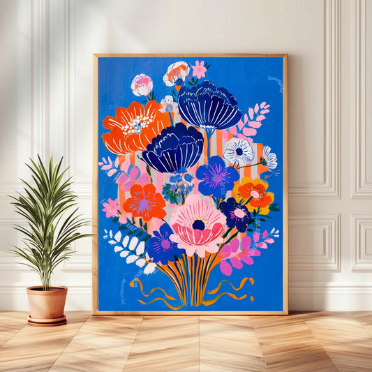 Bold Blue Floral Print - Funky Wall Art For Living Room Boho Pink and Blue