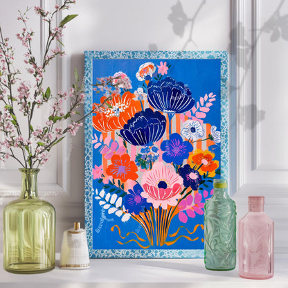 Bold Blue Floral Print - Funky Wall Art For Living Room Boho Pink and Blue