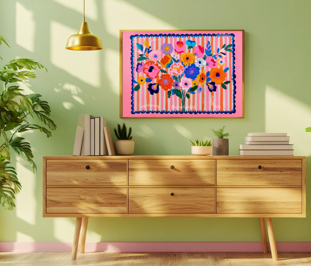 Pink Maximalist Floral Wall Art: Horizontal Wall Decor Over Bed Art or Over Couch Print