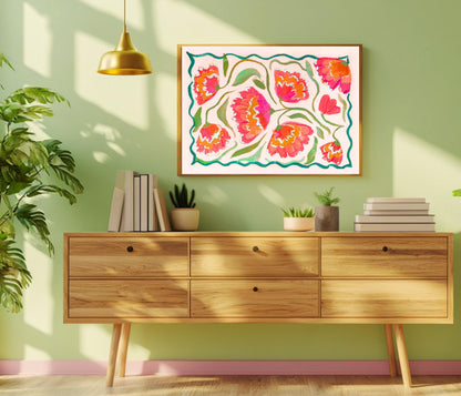 Pink Horizontal Floral Wall Art – Boho Over Bed Decor, Bright Flower Print for Living Room or Bedroom, Dopamine Home Decor