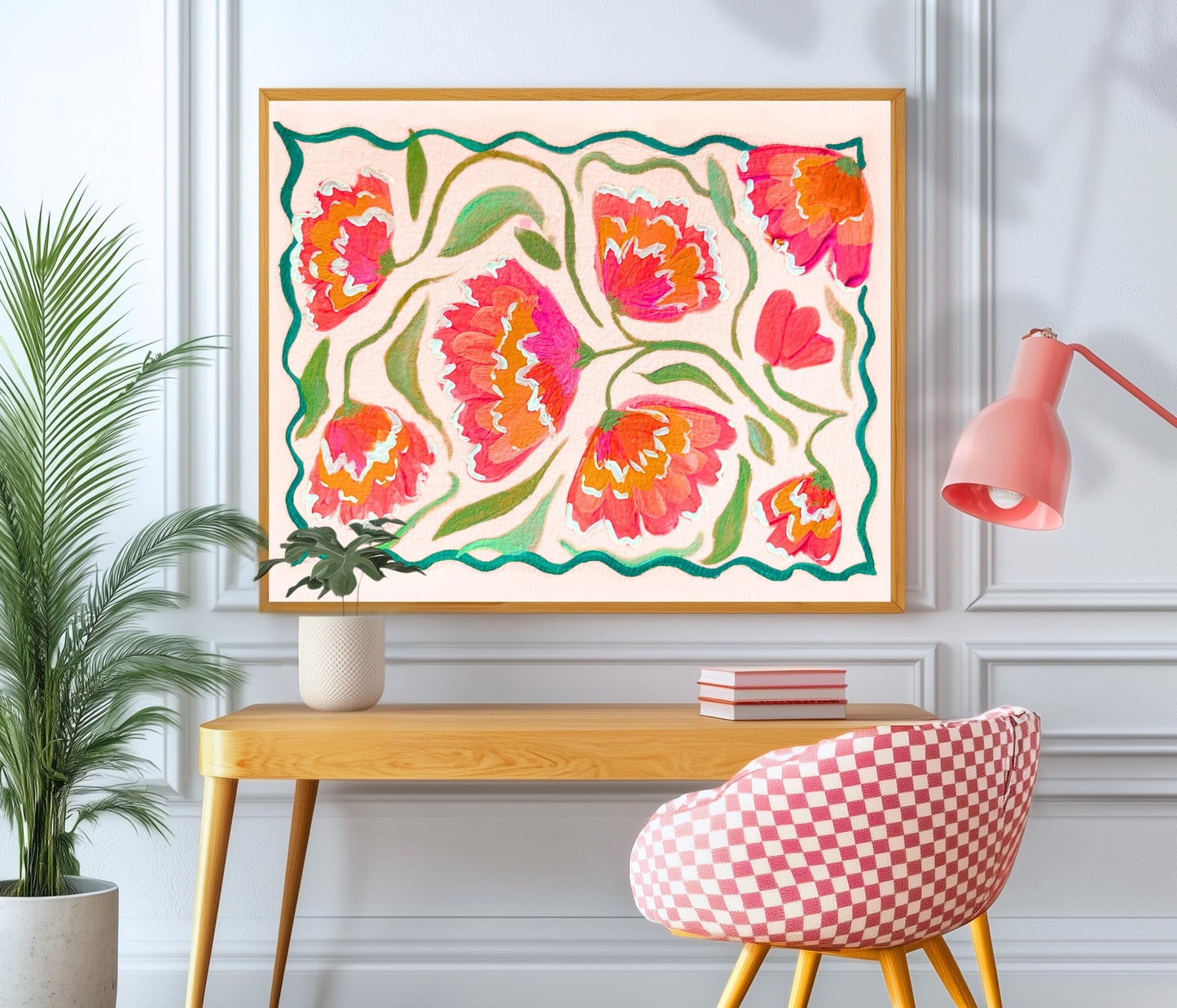Pink Horizontal Floral Wall Art – Boho Over Bed Decor, Bright Flower Print for Living Room or Bedroom, Dopamine Home Decor