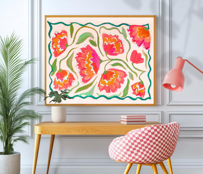 Pink Horizontal Floral Wall Art – Boho Over Bed Decor, Bright Flower Print for Living Room or Bedroom, Dopamine Home Decor