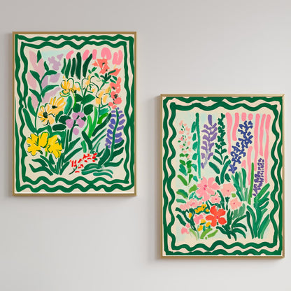Green Botanical Wall Art Set of 2 – Floral Prints Living Room Boho Colorful Two Print Set