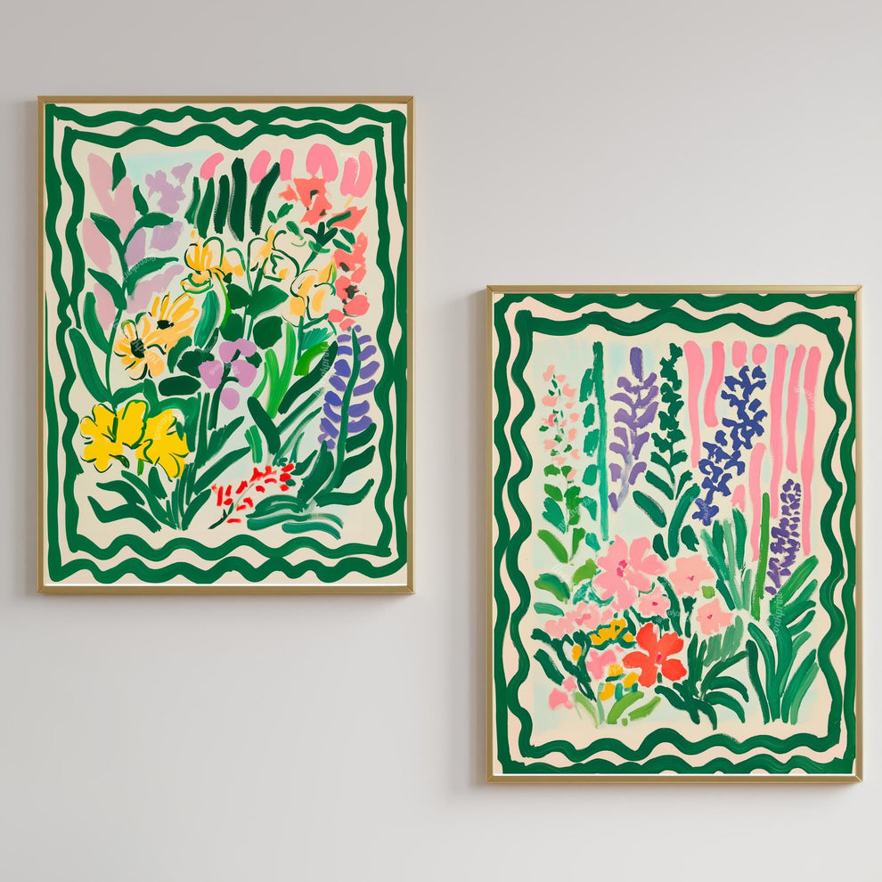 Green Botanical Wall Art Set of 2 – Floral Prints Living Room Boho Colorful Two Print Set