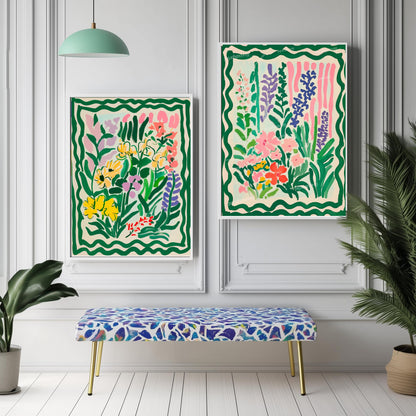 Green Botanical Wall Art Set of 2 – Floral Prints Living Room Boho Colorful Two Print Set