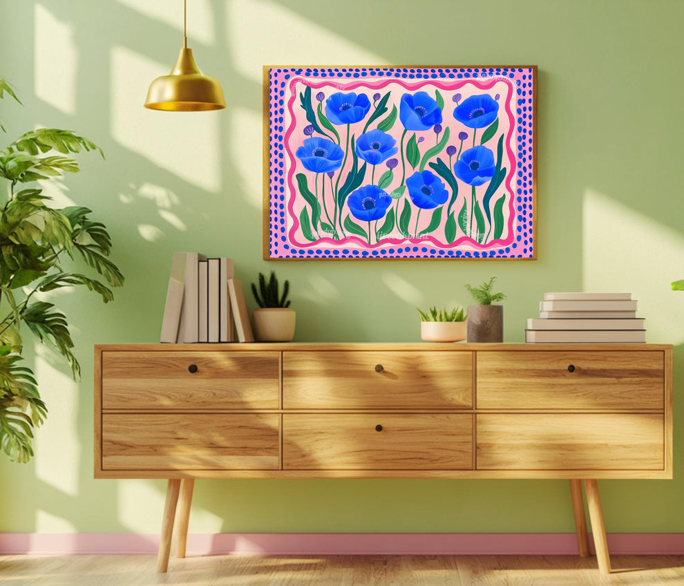 Horizontal Wall Art Blue and Pink Poppies - Colorful Landscape Print Over The Bed or Couch