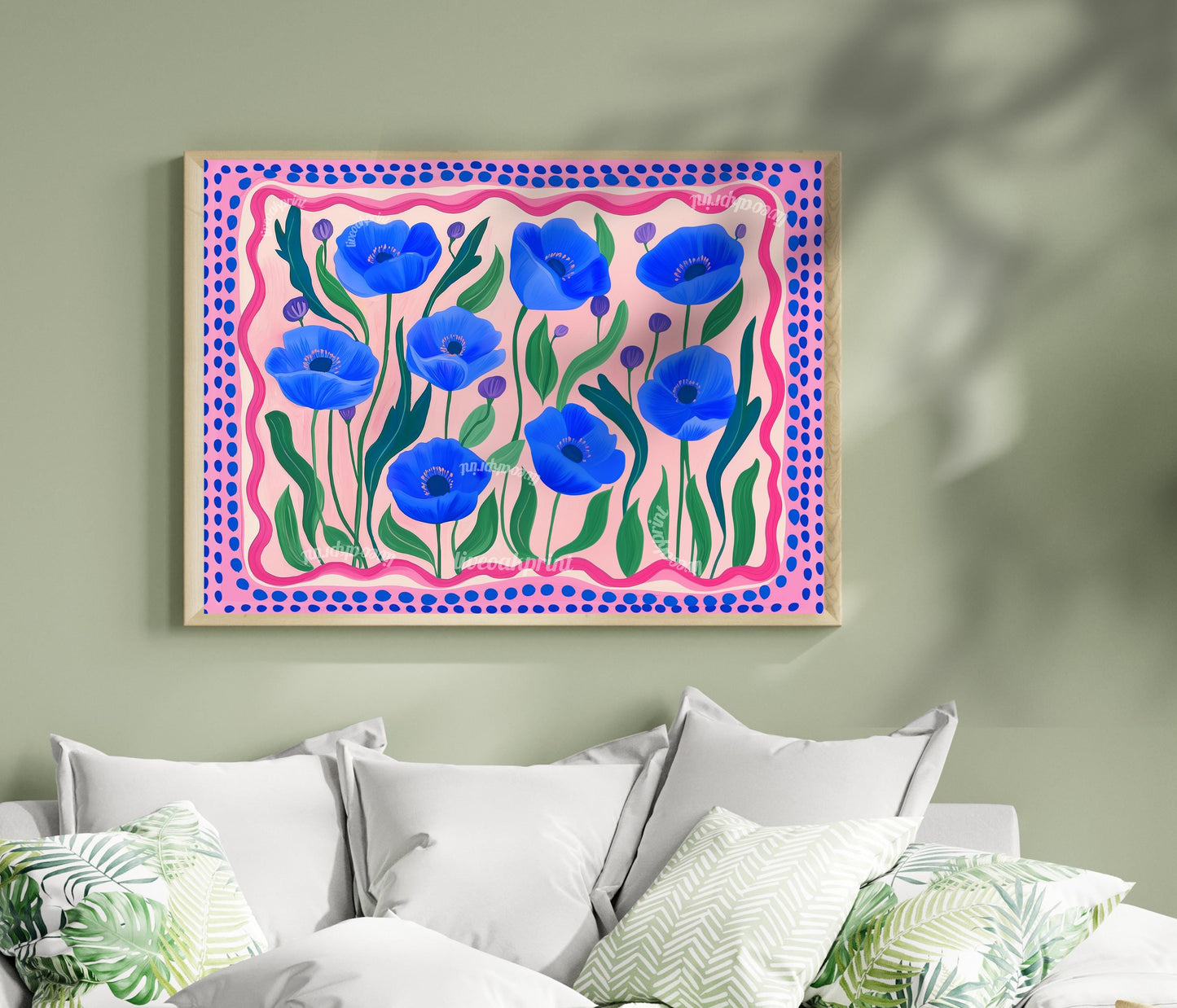 Horizontal Wall Art Blue and Pink Poppies - Colorful Landscape Print Over The Bed or Couch