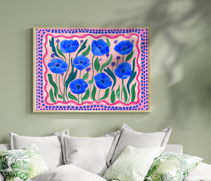 Horizontal Wall Art Blue and Pink Poppies - Colorful Landscape Print Over The Bed or Couch