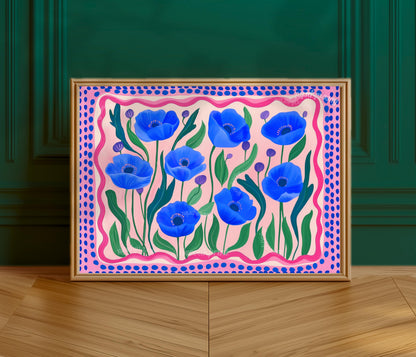 Horizontal Wall Art Blue and Pink Poppies - Colorful Landscape Print Over The Bed or Couch