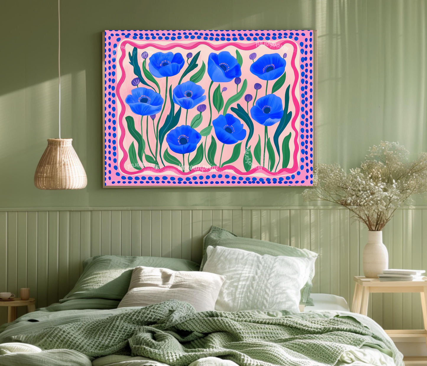 Horizontal Wall Art Blue and Pink Poppies - Colorful Landscape Print Over The Bed or Couch
