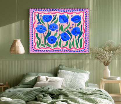Horizontal Wall Art Blue and Pink Poppies - Colorful Landscape Print Over The Bed or Couch